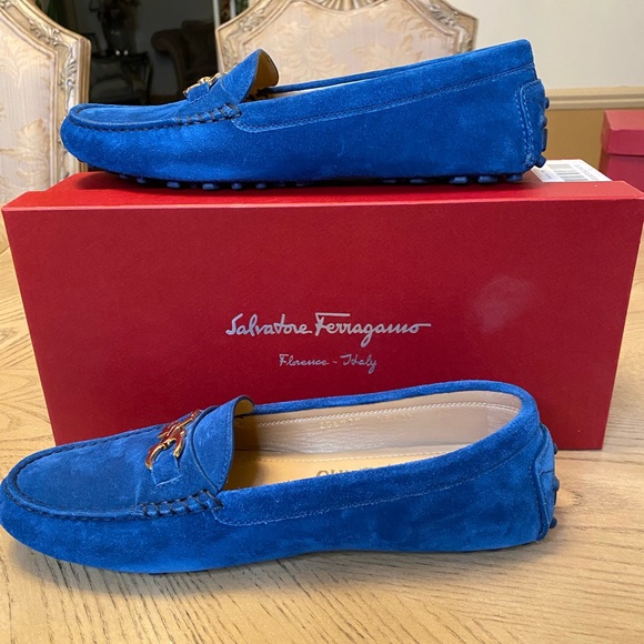 ❤️ Authentic Salvatore Ferragamo Blue Suede Loafers size 38 1/2 New in Box - Picture 5 of 9